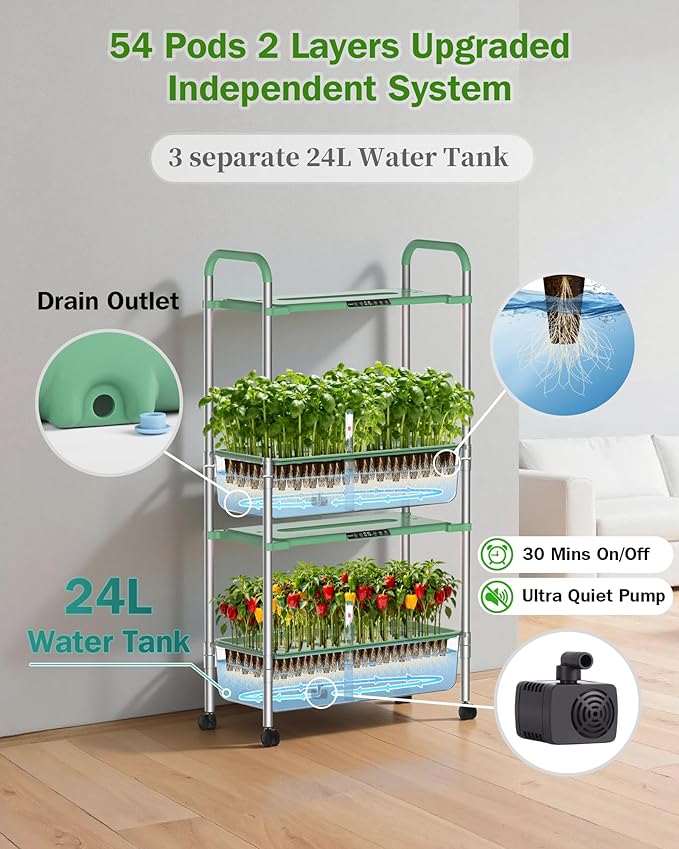 Large Hydroponics Growing System Kit, Vertical Indoor Herb Garden Kit with LED Grow Light & Independent Water Pump, 28L Movable Indoor Planter Perfect Gardening Gifts (2 Tier-54 Pods Green)