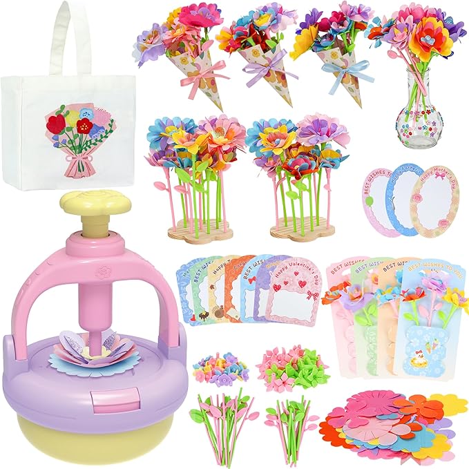 DIY Flowers Craft Kit for Girls, Flower Bouquet Maker Machine with 120 Fabric Petals, 14 Greeting Cards, Gift Wrap, Vase & Storage Bag, Creative Floral Arts and Crafts Toy for Kids Ages 3-12
