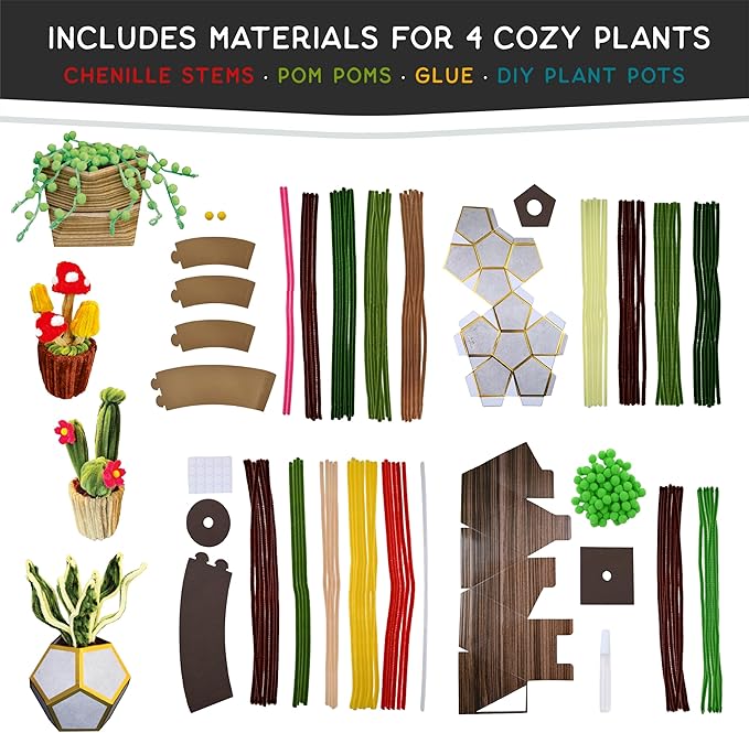 WeVeel Cozy Craftworks Chenille Stem Plant Craft Kit for Adults – Create 4 Botanical Designs (String of Pearls, Snake Plant, Cactus & Mushroom) – Relaxing DIY Arts & Crafts Kit with All Supplies