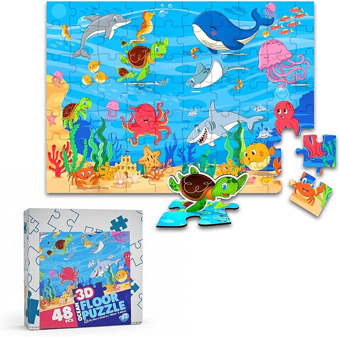 Jumbo 3D Ocean Floor Puzzle for Kids – Includes 7 Stand-Up Sea Animals - 48 pc Jumbo Jigsaw Puzzle | Educational Screen Free Activity for Toddler, Preschoolers and Kids Ages 3+ (2 x 3 Feet)