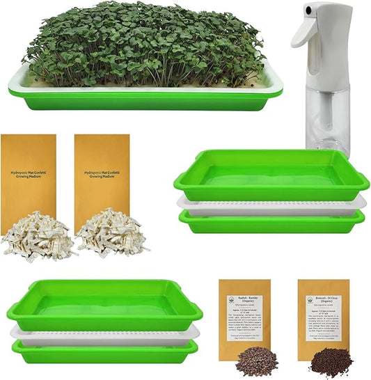 Complete Home Microgreens Kit - Indoor Garden System - Includes 2 Sets of Reusable Trays, Spray Mister, 2 pkgs of Hydroponic Growing Medium, Organic Radish and Broccoli Seeds
