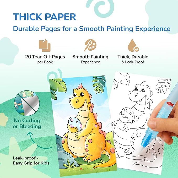 JoyCat 2 Pack Pocket Paint with Water Coloring Books for Kids, Art & Craft Activity Toy Set, Creative Travel & Home Painting Kit, Gifts for Girls & Boys Ages 3-8 (Ocean Princess & Dinosaurs)