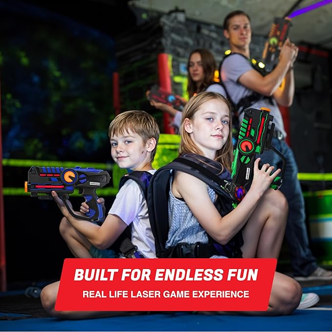 ArmoGear Set of 4 Laser Tag Guns with Vests - Laser Tag Set for Kids and Adults - Toy Guns with 150 ft Range, Night Vision, Invisibility Mode - Battery Operated - Multiplayer Outdoor Game for Ages 8+
