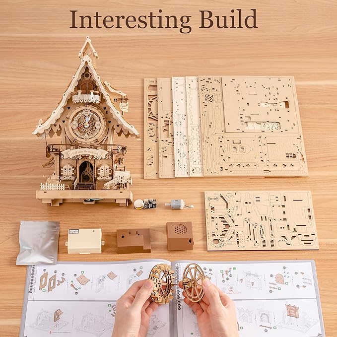 ROBOTIME 3D Wooden Puzzles for Adults-Cuckoo Clock Wooden Models for Adults to Build-435 Piece Model Kit with 2 Lights-Gift for Craft Enthusiast Model Building Set (Natural)