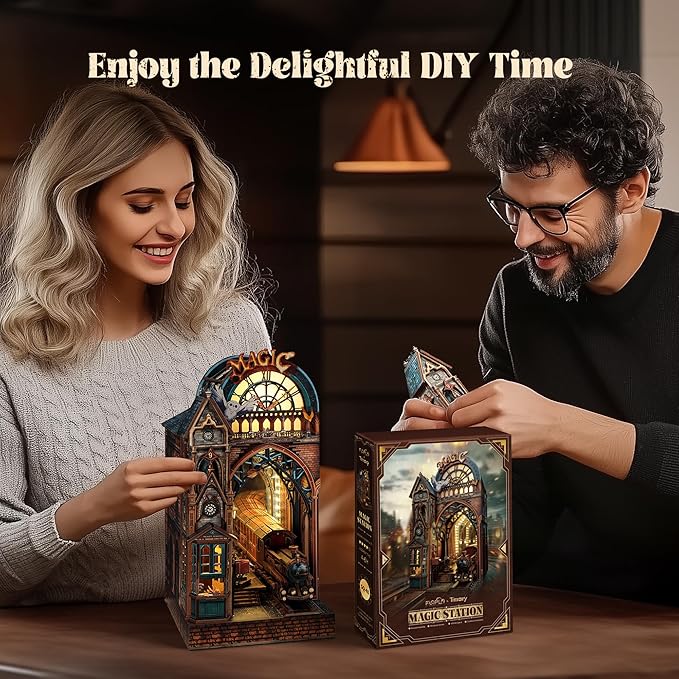 LED 3D Puzzle Magic Station Book Nook Kit - Interactive 3D Wood Puzzle LED Magical Miniature with Infinite Extension Space - DIY Bookshelf Insert Decor Gifts