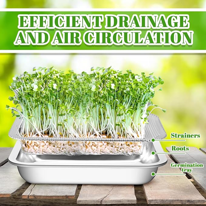 9 Pcs Seed Sprouting Kit Seed Sprouter Growing Tray Microgreens Growing Kit Stainless Steel Plant Germination Tray with Filter Pad Mesh Mat Bean Sprout Grower for Beans Broccoli Alfalfa Wheat Grass