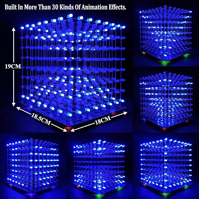 8x8x8 LED Cube DIY Electronic Soldering Project Kit, User Needs to Solder The LED, Displayed Content Can Be Modified [3D8C-BLUE]