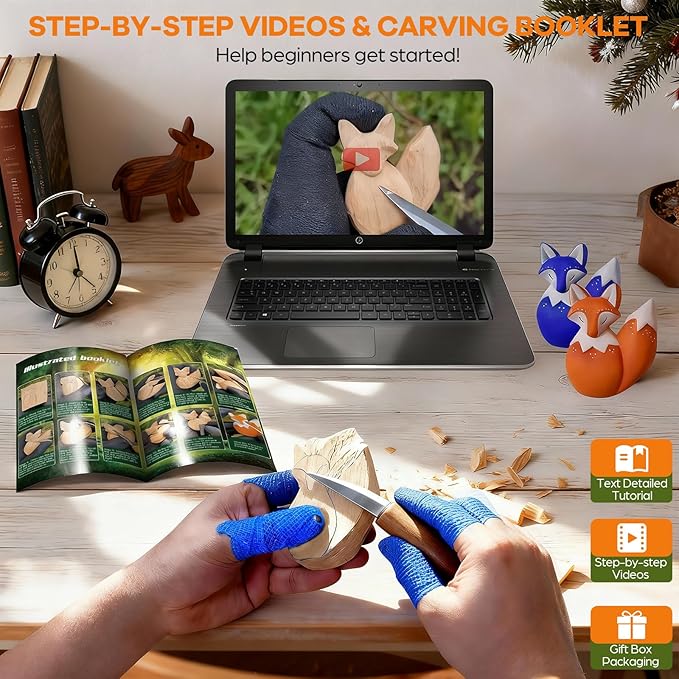 Fox Theme Wood Carving Kit for Beginners, Wood Whittling Kit for Kids and Adults Hobbies, Complete Carving Tool DIY Starter Kit with Step-by-Step Video Tutorials, Whittling Knife, Blocks, Carbon Paper