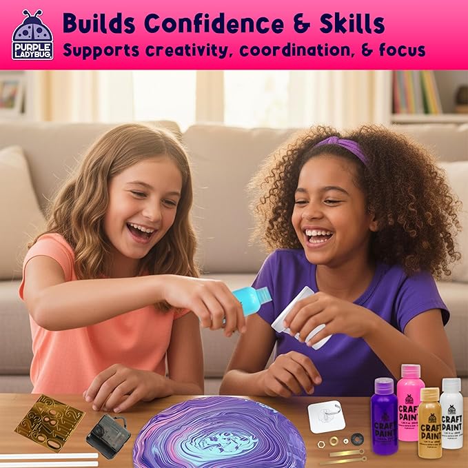 PURPLE LADYBUG Pouring Paint DIY Clock Kit - Creative Kids Painting Kit - 6 7 8 9 10 11 12 Year Old Girl Gift Ideas, Birthday & Christmas Gifts for 6-12 Year Old Boys & Girls - Crafts for Kids 8-12