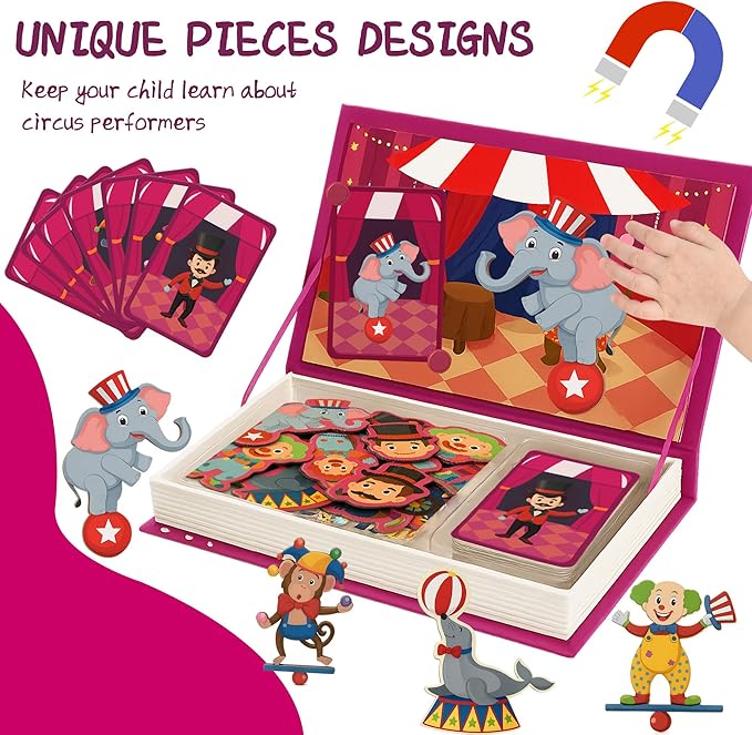 Circus Magnetic Puzzle Book for Toddlers, 37PCS Montessori Travel Set with 16 Activity Cards - Airplane Essentials for Kids Road Trip Game, Interactive Magnet Board for Boys Girls Ages 3+