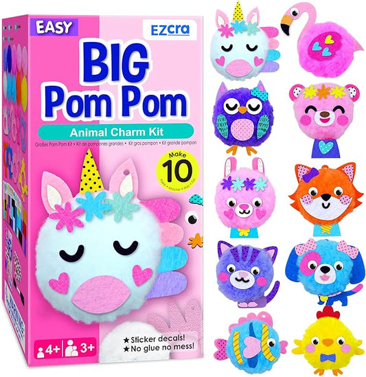 EZCRA Kids Crafts Ages 4-8 – 10 Plush Pom Pom Unicorn and Animals All-in-One DIY Craft Set – Felt Stickers, Educational & Creative Gift for Girls & Boys