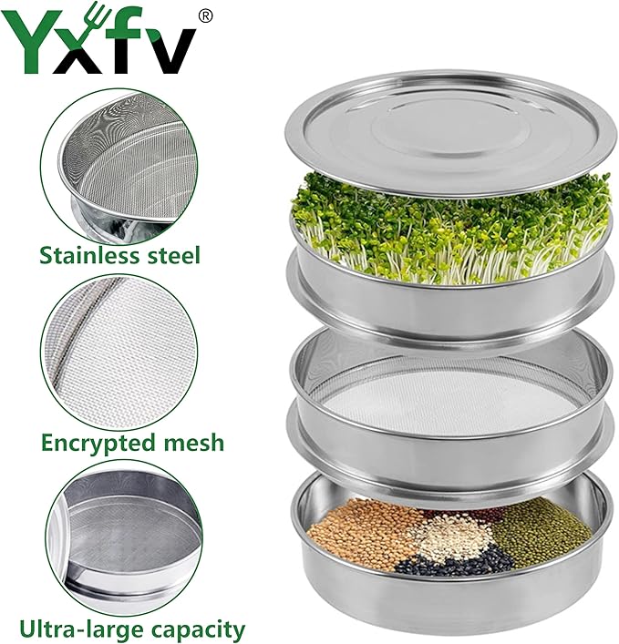 9-inch Stackable Stainless Steel Seed Sprouting Kit, 2-Tier Mesh Germination Tray & Microgreens Propagator for Indoor Kitchen Gardening, Grow Organic Broccoli, Alfalfa, Bean Sprouts Soil-Free
