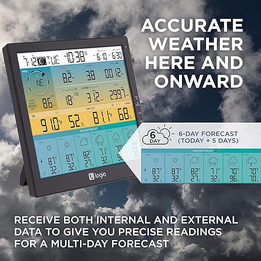 Logia 21-in-1 Wireless Weather Station with 7-in-1 Solar Sensor Array, 6-Day Forecast, Wi-Fi, Large 10" Color Display, Wind Speed/Direction, Rainfall, UV Index, Light Intensity, Temperature & Humidity