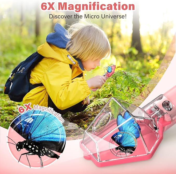 Bug Catcher for Kids, Insect Trap Kit with 6X Magnifier Glass - STEM Educational Exploration Tool for Indoor and Outdoor,Christmas Birthday Gifts Toys for Adults, Boys, and Girls,Pink