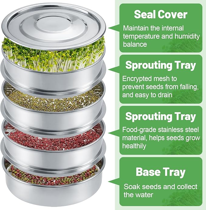 Stainless Steel Seed Sprouting Kit - 4-tier Microgreens Growing Tray 6in Dia, Stackable Round Seed Sprouter Maker with Encrypted Mesh, Sprouts Grower for Beans Broccoli Alfalfa Seeds Wheat Grass