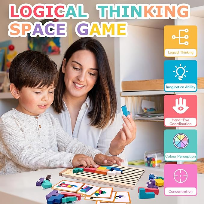 Wooden Stacking Puzzle Toy,Montessori Brain Blocks,Russian Blocks Puzzle,Brain Teasers Game with 10 Cards,Home Decor,Montessori Toys for 3 Year Old Boys&Girls