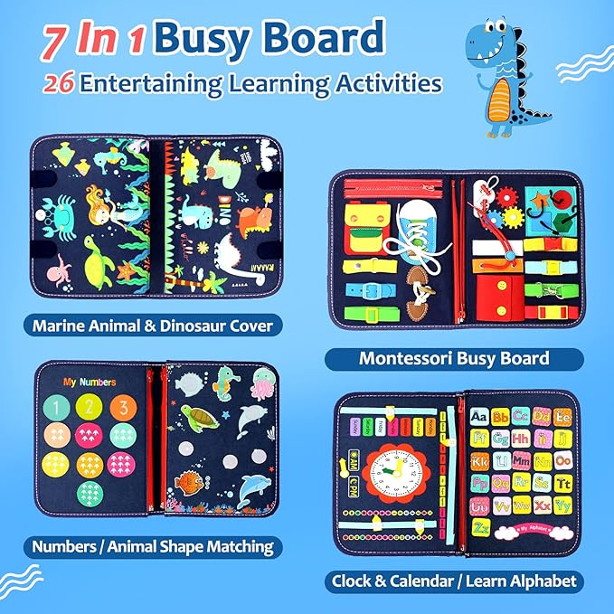 Qizfun Montessori Busy Board & Busy Book for Toddlers – Sensory & Learning Toy That Keeps Kids Busy, Travel Toy for Airplane & Car, Screen for Boys & Girls (Blue/P4)