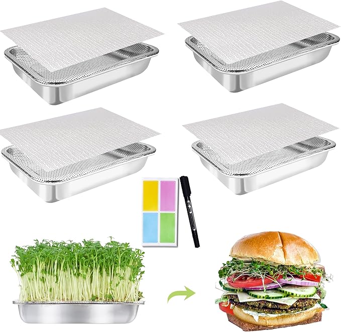 Stainless Steel Sprouts Growing Kit 4-Tier 10.4 inch Trays, Microgreens Growing Kit, Seed Sprouting Tray with Encrypted Mesh Sprouts for Beans Alfalfa Broccoli Wheat Grass