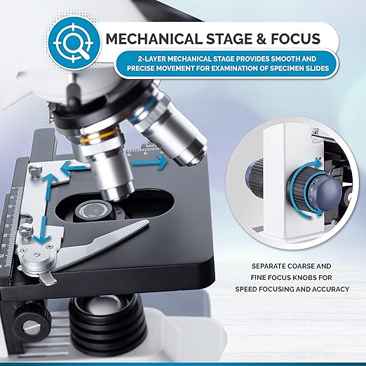 AmScope 40X-2500X LED Lab Binocular Compound Microscope with Double Layer Mechanical Stage + Book + 100 Coverslips & 50 Blank Slides
