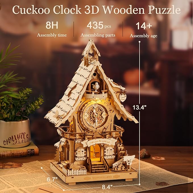 ROBOTIME 3D Wooden Puzzles for Adults-Cuckoo Clock Wooden Models for Adults to Build-435 Piece Model Kit with 2 Lights-Gift for Craft Enthusiast Model Building Set (Natural)