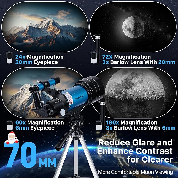 FREE SOLDIER Telescope for Kids 70mm Aperture Astronomical Refractor Telescopes for Beginners (15X-150X) 300mm Telescope for Adults High Powered with A Phone Adapter & A Wireless Remote (Blue)
