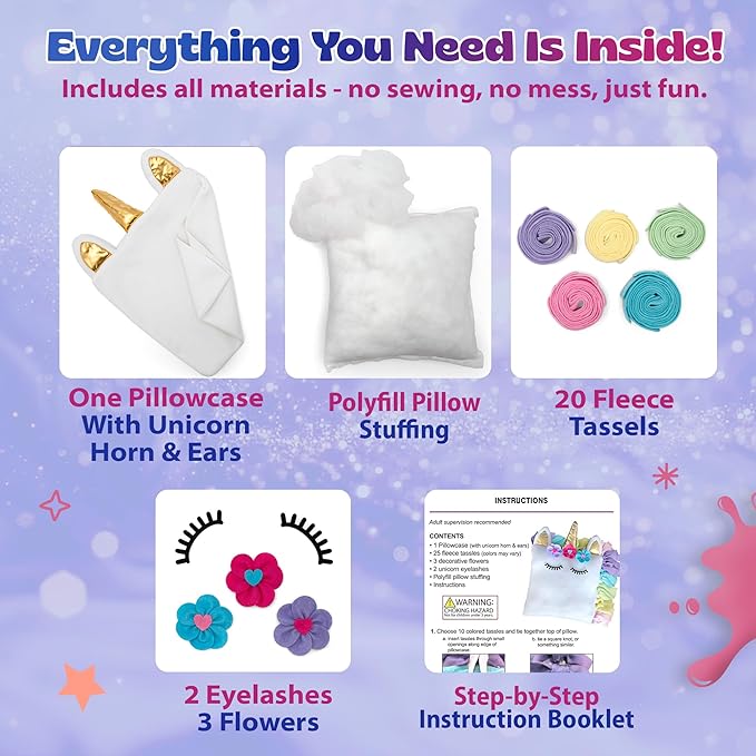 Unicorn Pillow Kit - No Sew Unicorn Craft Kit - Gifts for Girls, Arts and Crafts for Kids Ages 4-8 - Unicorn Toys for 6 Year Old Girl Gifts, Birthday, Easter, Toddlers, Teens