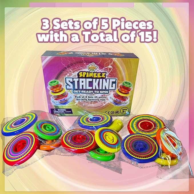 IPIDIPI TOYS Spineez Stacking Spinning Tops for Kids – Set of 3, 15-Piece UFO Spinner Toys – Ideal Stocking Stuffers for Kids, Birthday Party Favors, Goodie Bag School Prizes for Boys & Girls