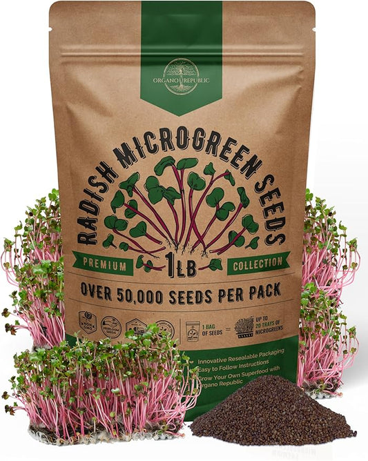 Organo Republic Radish Sprouting & Microgreens Seeds - Non-GMO, Heirloom Sprout Seeds Kit, 1lb Resealable Bag for & Growing Microgreens in Soil, Coconut Coir, Aerogarden & Hydroponic System.