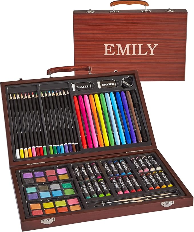 Let's Make Memories Personalized 80-Piece Deluxe Art Set - for Kids - Wood Carrying Case - Oil Crayons, Colored Pencils, Watercolors - Arts & Crafts - Customize w/Name - Block Font