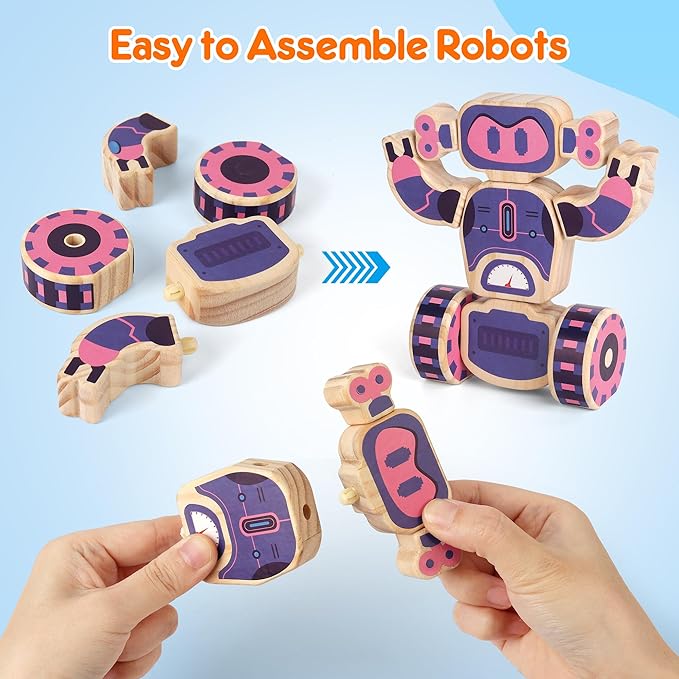 Mocoosy Wooden Robot Painting Art and Craft Kit for Kids Ages 3-5, Build & Decorate Your Own Robots with Paint & Stickers, Wood Robot STEM Game Montessoi Toys Educational Gift for Boys Girls