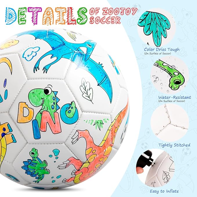 ZOOJOY Color Your Own Soccer Ball with Markers, Soccer Gifts for Girls Boys, Size 3 Dinosaur Paint Personalized Arts and Crafts Kit for Kids, Ball Game Birthday Gift Toys for Toddlers 3-10