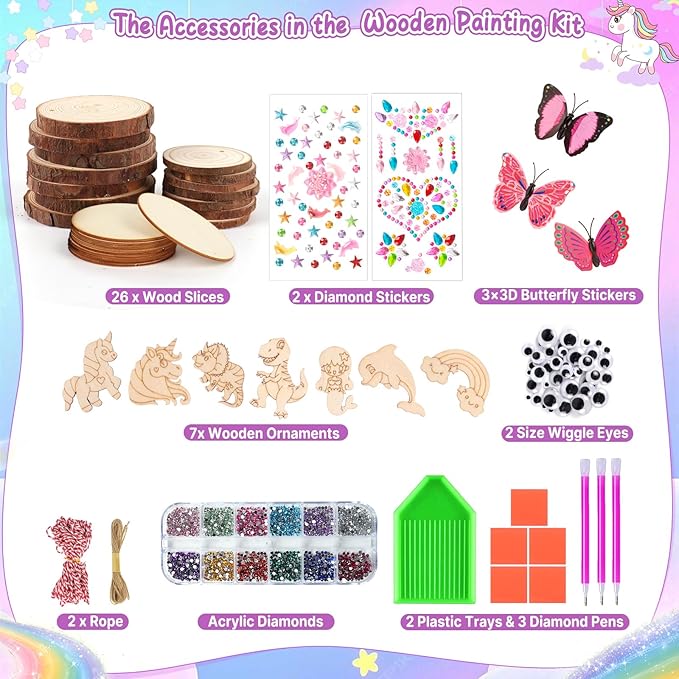 Sulataya Wooden Painting Kit for Kids 6-12, Wood Slices Craft Kit Gift Set with Assorted Gems & Diamond Painting Tools, Creative Art Activity Supplies for Boys Girls