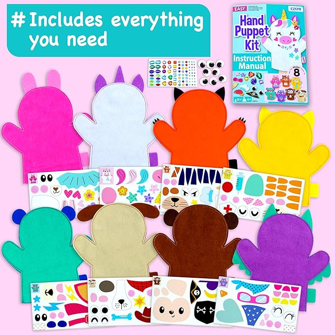 Unicorn Hand Puppet Making Kit for Kids Age 5-8 - DIY Puppet Making Craft Kit - Creative Arts & Crafts Set, Educational Gift - Pretend Play Toys - 8 Projects, Extra Stickers for Decoration