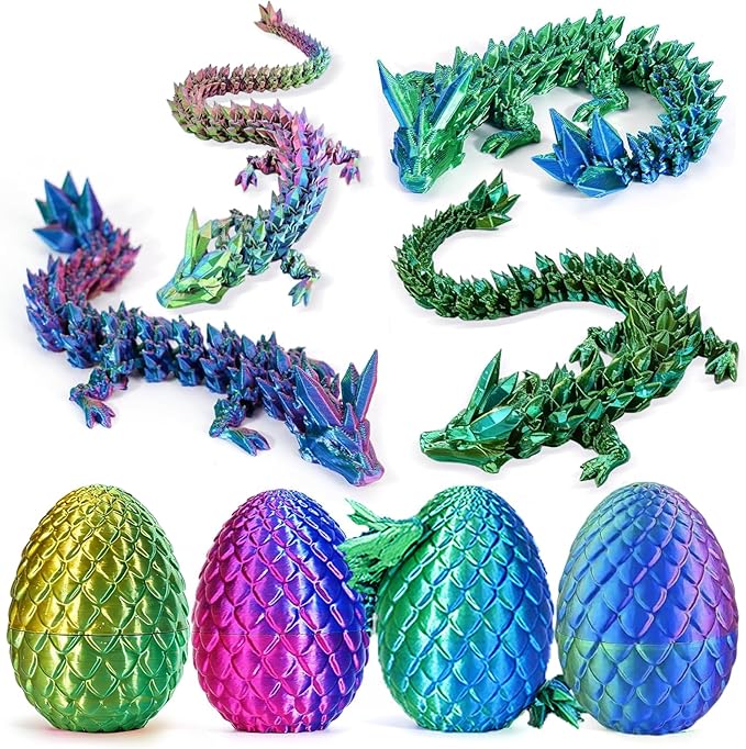 4PCS 3D Printed Dragon Eggs with Dragon, Crystal Dragons Fidget Toy for Adults, 3D Print Dragon Eggs Fantasy Tabletop Decor, Christmas Stockings Easter Gifts