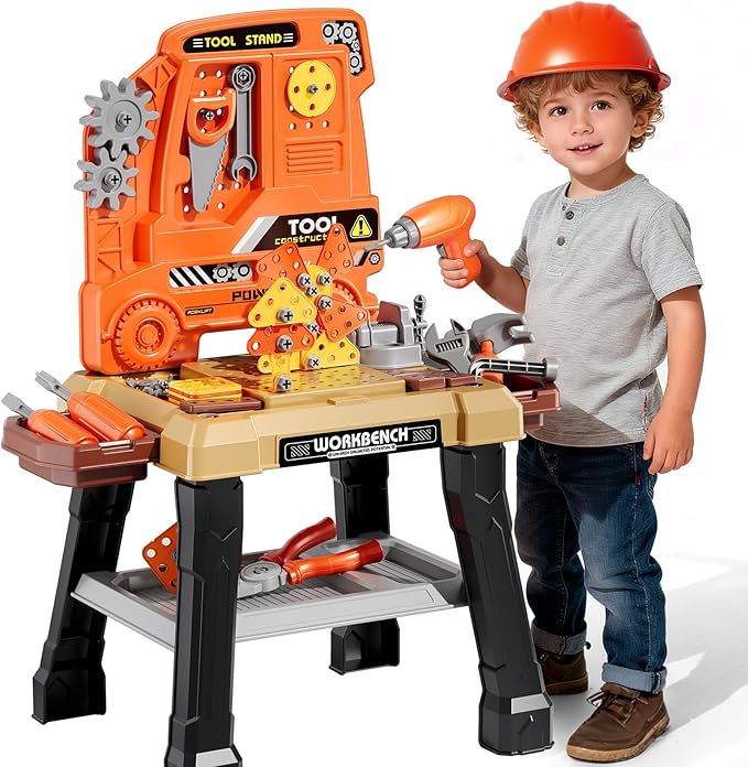 Kids Tool Bench Set, 142Pcs Toddler Tool Toy Playset with Electric Drill & Realistic Tools, STEM Building Pretend Play Construction Toys for Boys, Toddlers Toys Gifts for Ages 3 4 5 6 7 Year Olds