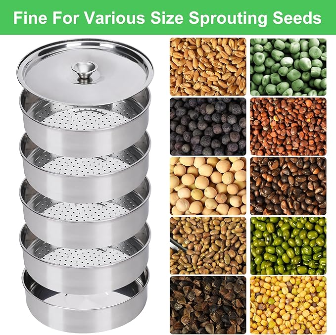 EBaokuup 5-Tier Stainless Steel Seed Sprouting Tray Kit-8.6" x 8.3" Stackable Mesh Seed Sprouting with Base & Lid-Seed Sprouting Germination Tray for Bean Sprouts Growing