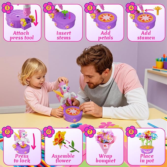 Unicorn Flower Bouquet Toys with Pot, Vase & 2 Flower Bases, Fabric Bouquet Girls Toys, DIY Arts and Crafts for Kids Ages 3-12,Stocking Stuffers Birthday Gifts for 3 4 5 6 7 8 9 10+Year Old Girls