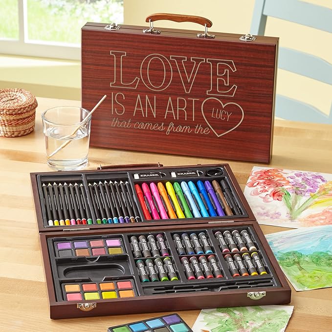 Let's Make Memories Personalized 80-Piece Deluxe Art Set - for Kids - Wood Carrying Case - Oil Crayons, Colored Pencils, Watercolors - Arts & Crafts - Add Their Name - Love is an Art