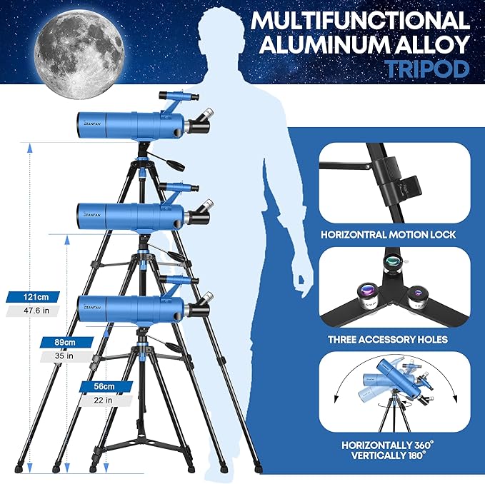 Dianfan Telescope, 90mm Aperture 550mm - Astronomical Telescope for Adults High Powered,Portable Telescopes Fully Multi-Coated High Transmission with Tripod, Phone Adapter, Carrying Bag, Folding Stool