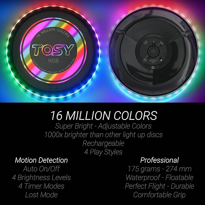TOSY Flying Disc - 108 RGB Multicolor LEDs, Super Bright, Smart Modes, Christmas Stocking Stuffers Gift, Camping Toy for Kid/Teen/Adult, Auto Light Up, Rechargeable, Waterproof, 2-Pack