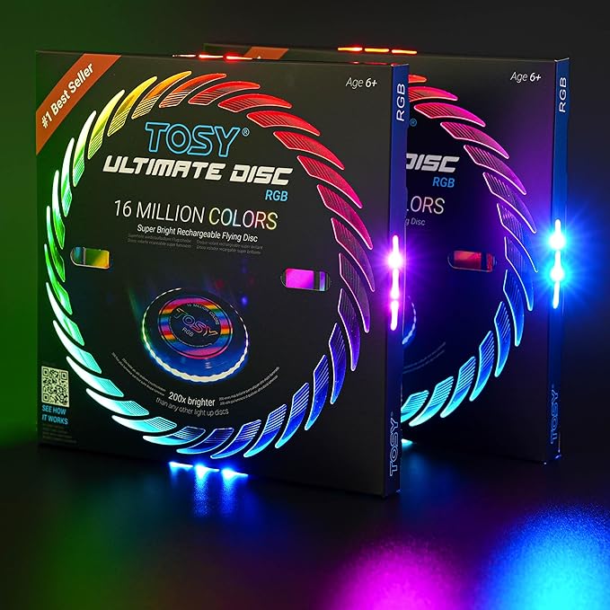 TOSY Flying Disc - 108 RGB Multicolor LEDs, Super Bright, Smart Modes, Christmas Stocking Stuffers Gift, Camping Toy for Kid/Teen/Adult, Auto Light Up, Rechargeable, Waterproof, 2-Pack