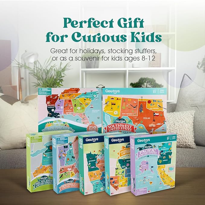 Geotoys USA Regional Jigsaw Puzzles Bundle - Set of 7 Educational Games for Kids 8-12 of Age - 250 Piece Puzzles for Kids Featuring New England, Midwest & More - Regional US Map Puzzle with Flags