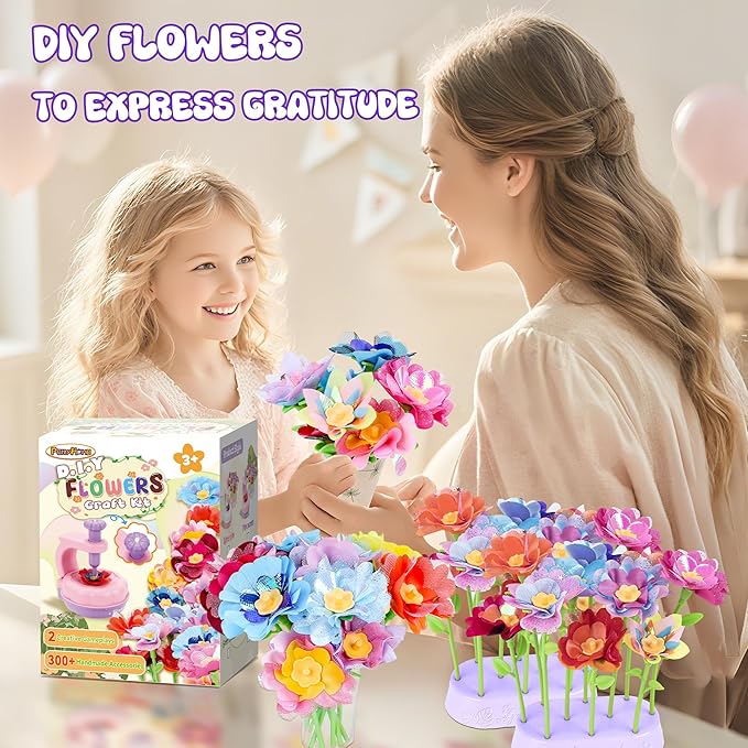 PERRYHOME Fabric Flower Bouquets Toys, 300+ Pcs DIY Flower Making Kit, 2 Gameplays Educational Arts & Crafts for Kids, Reusable Bouquets Maker Birthday Gift for 3 4 5 6 7 8 Years Toddler Girl