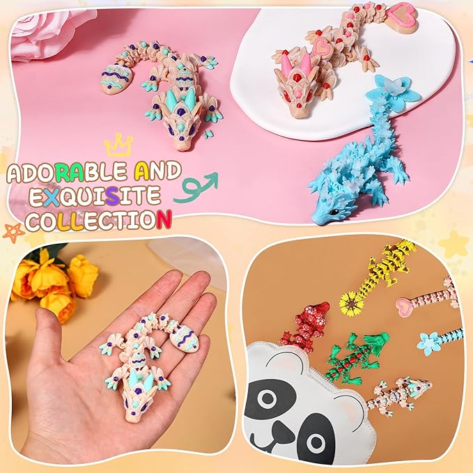 6 Pcs Multicolor 3D Printed Dragon,3D Printed Cherry Blossom Dragon ,Cookie Heart Dragon ,3D Printed Flexible Articulated Dragon Fidget Toys for Home Office Desk Decor,Basket Essentials Stuffers