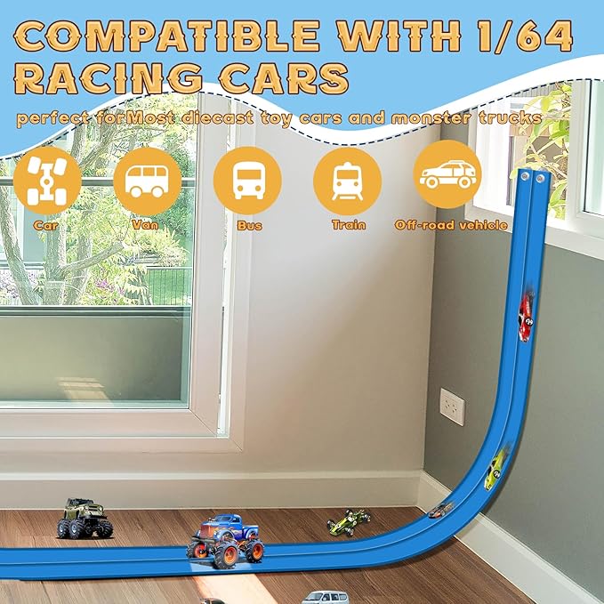 Flex Track 15 Ft Starter Set, Flexible Race Car Ramp Track for Ages 3 & Up with Suction Cups Compatible with Diecast 1/64th Cars (Blue)