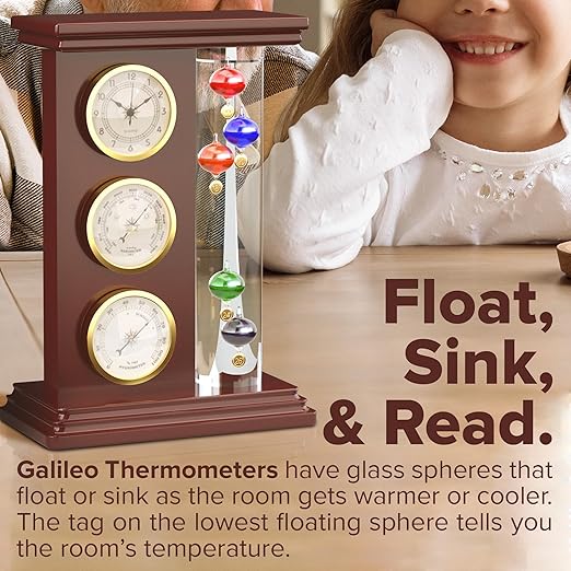 JJ Care Galileo Thermometer with Quartz Clock (Gold), Analog Barometer & Hygrometer, Galileo Weather Station Measures Temperature, Glass Wood Frame Galileo Thermometer for Indoor & Outdoor Home Décor