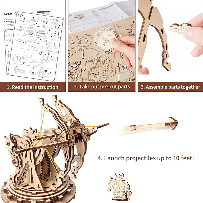 ROKR 3D Wooden Puzzles for Adults, DIY Wooden Ballista Launcher Toys Building Model Kits STEM Projects Toys for A dult
