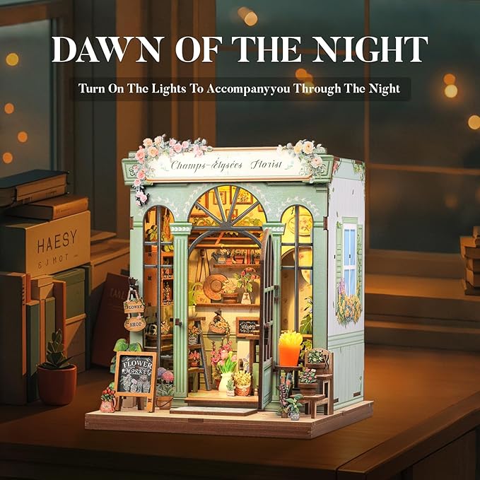 Fsolis Book Nook Kit, DIY Bookshelf Miniature Kit for Adults Tiny House 3D Puzzles Booknook Flower Shop Craft Gifts for Women Teenagers Book Lovers (Champs-Élysées Florist)