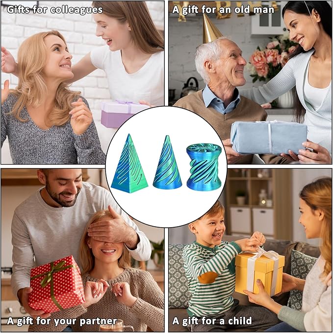 3PCS Impossible Cone,3D Printed Spiral Cone Fidget Toys,Impossible Pyramid Passthrough Sculpture,Stress Relieving Toys for Adults and Kids,Stocking Filler White Elephant Gifts(Blue Green)