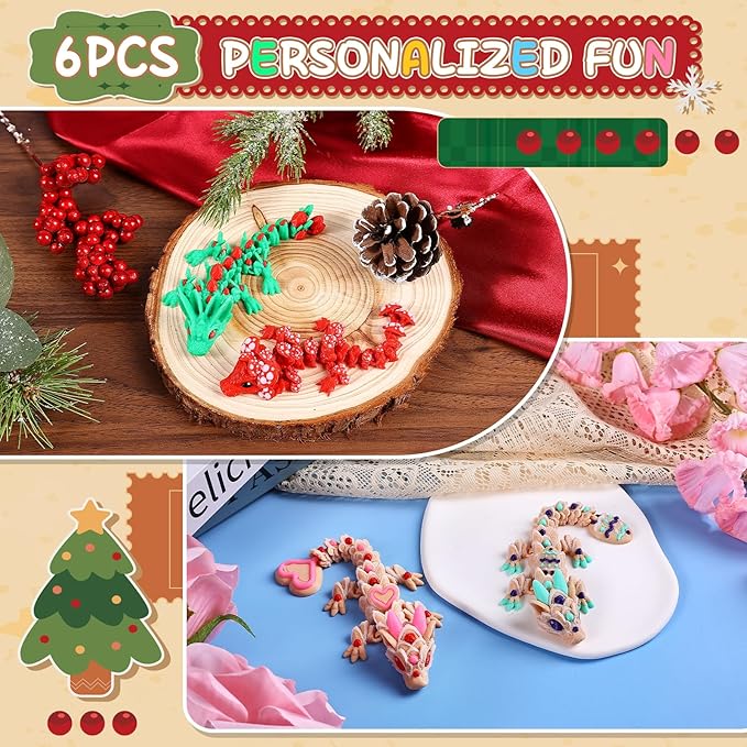 6 Pcs Multicolor 3D Printed Dragon,3D Printed Cherry Blossom Dragon ,Cookie Heart Dragon ,3D Printed Flexible Articulated Dragon Fidget Toys for Home Office Desk Decor,Basket Essentials Stuffers
